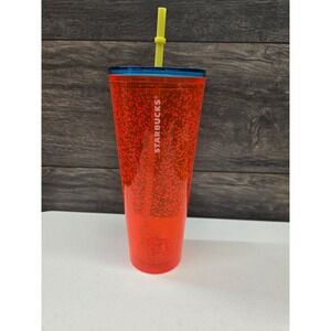 Starbucks Red Bubble Texture Venti Cold Cup Tumbler 24oz Blue Lid Yellow Straw